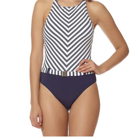 Bleu By Rod Beattie Control Stripped High Neck One Piece Bathing Suit Belted 6us - Picture 1 of 6